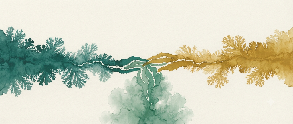 Three inks, teal, gold and sage, interlacing without mixing; the confluence of the three languages.